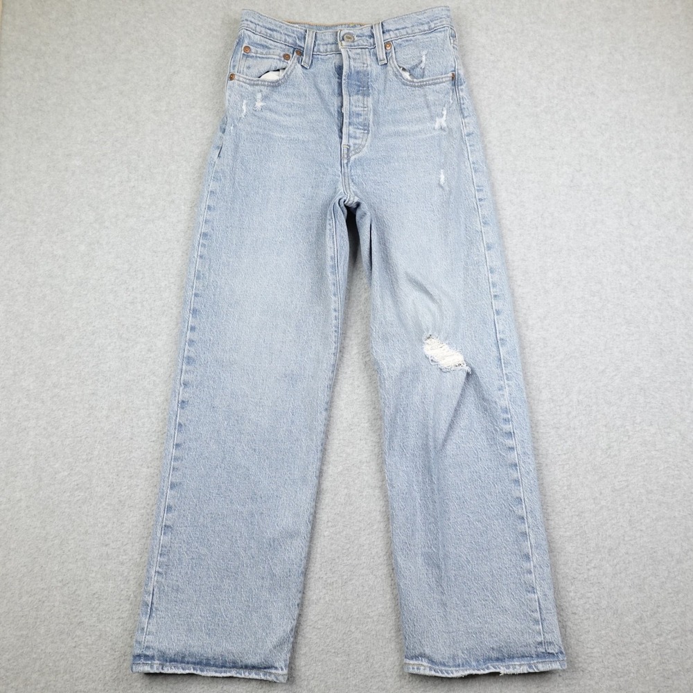 Levi's Ribcage Straight Ankle Jeans Light Wash Distressed Button Fly Women's 25